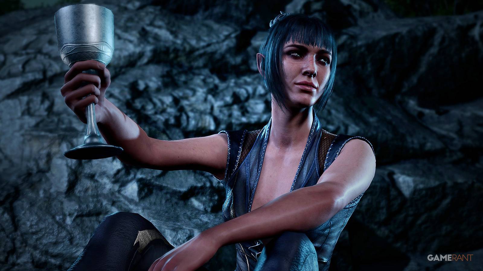 Baldur's Gate 3 Shadowheart toasting with wine cup while smiling screenshot