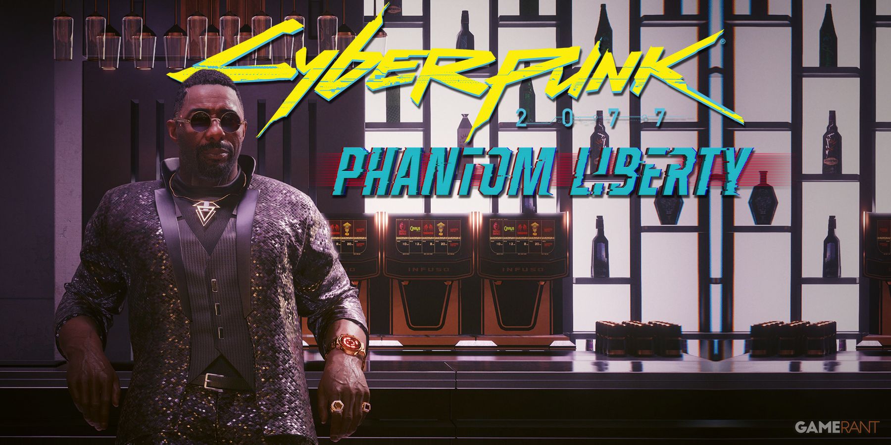 Cyberpunk 2077 Phantom Liberty Idris Elba as Solomon Reed party attire leaning on bar