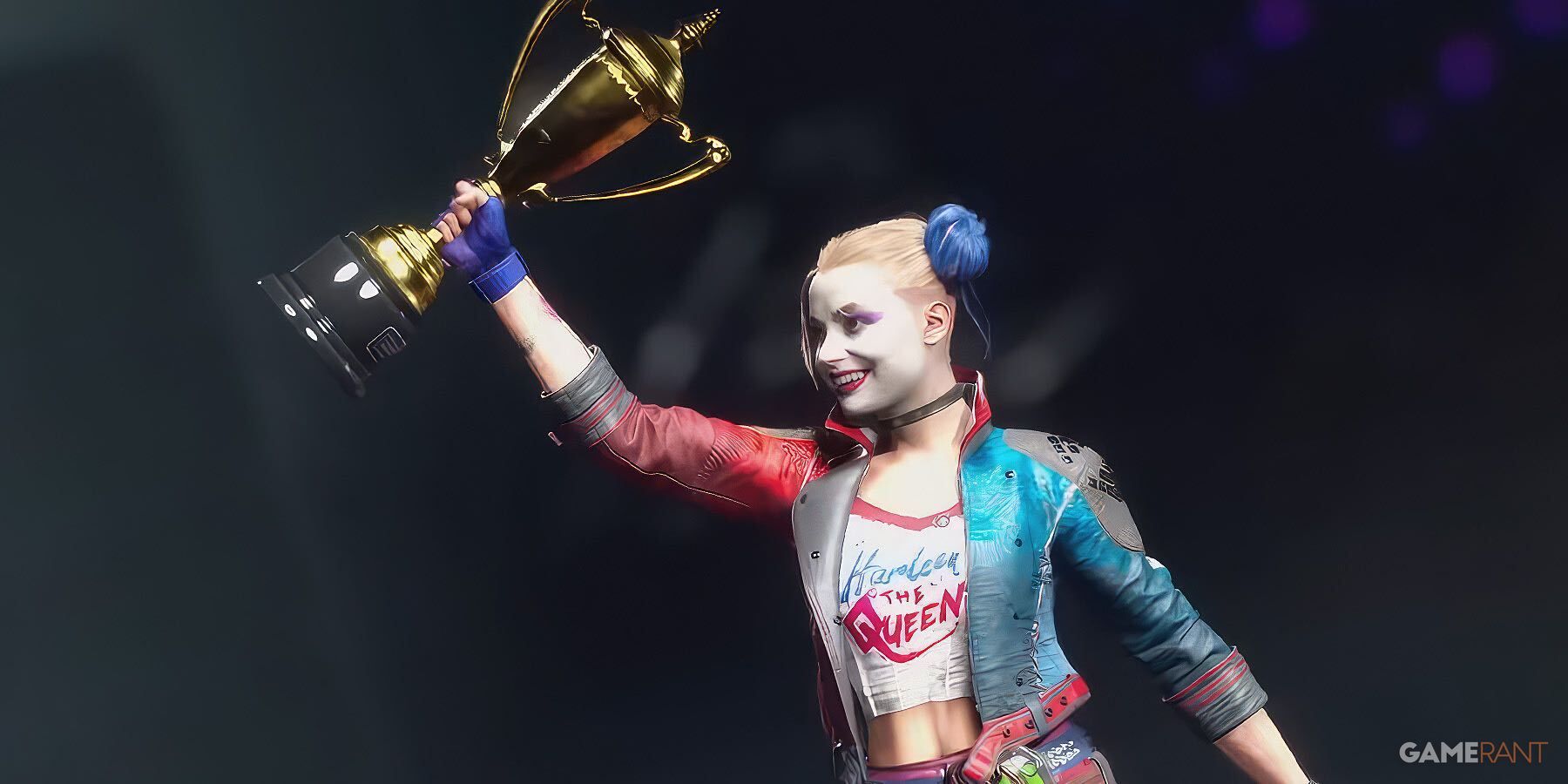 harley quinn proudly holding a gold trophy