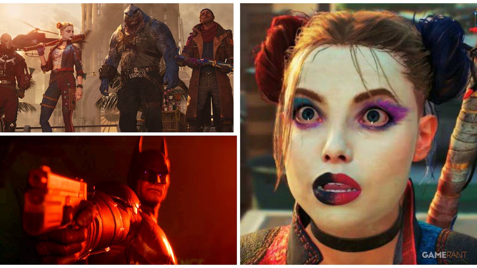 batman holding a gun from suicide squad, the entire squad line-up of deadshot, harley quinn, king shark and captain boomerang in metropolis, and harley quinn looking shocked