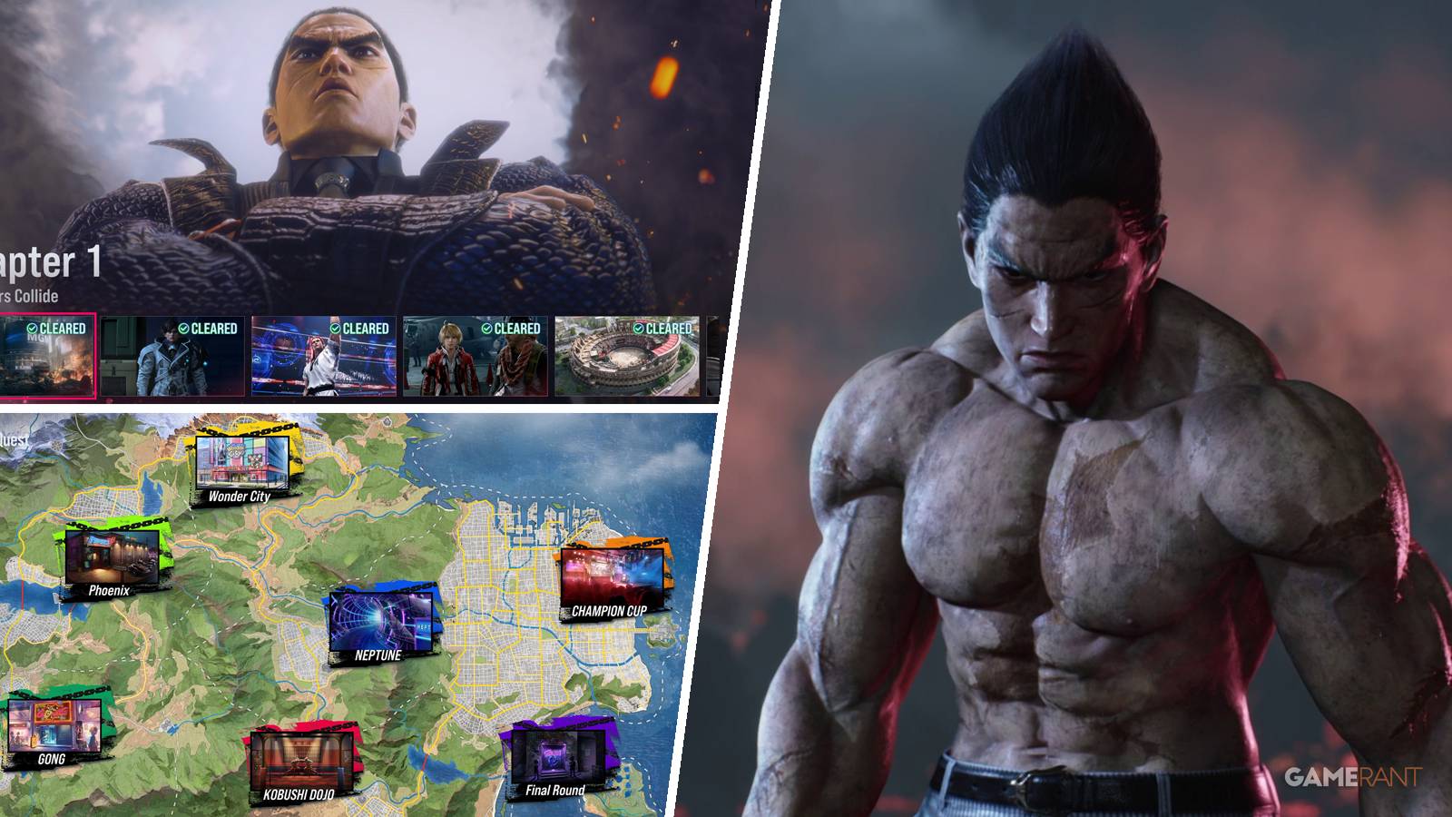 Images from Tekken 8's story mode and Arcade Quest