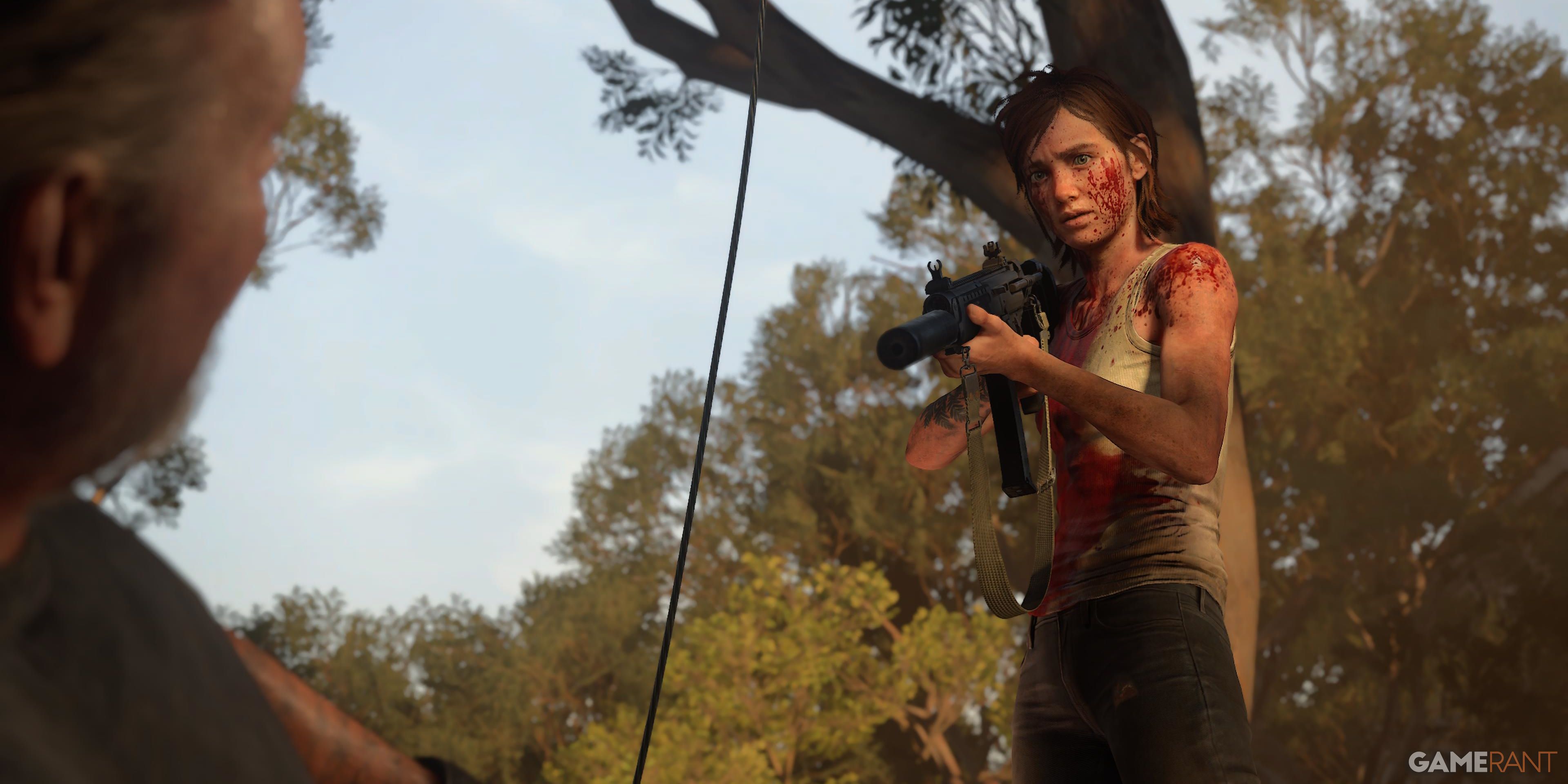 The Last of Us? Part II ellie covered in blood holding submachine gun