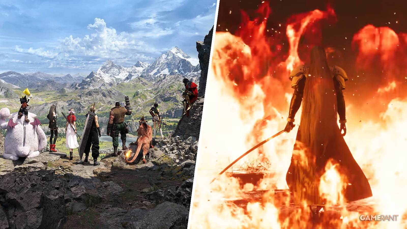 The full party in Final Fantasy 7 Rebirth and Sephiroth walking into the flames in Nibelheim