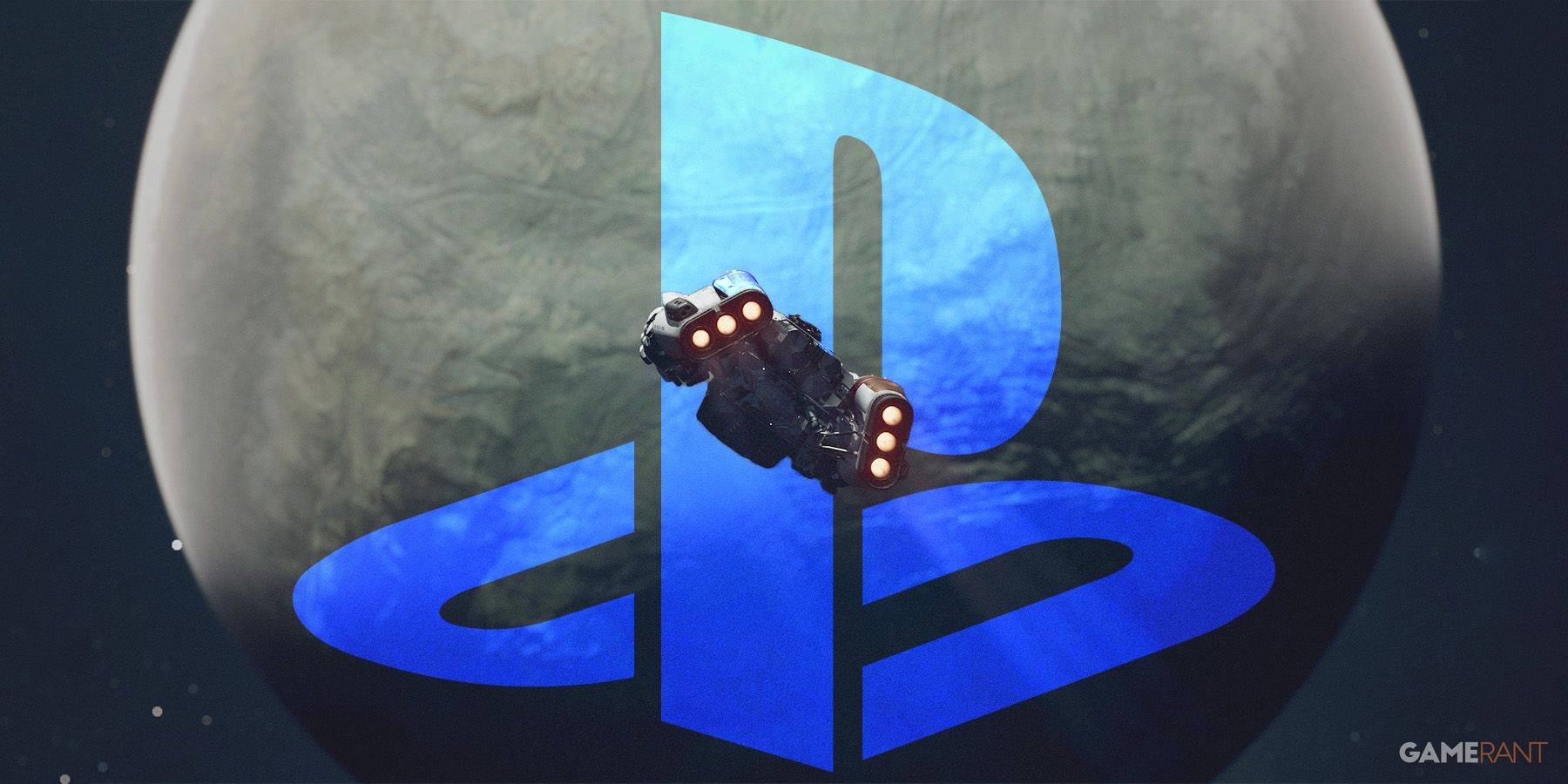 Starfield Frontier spaceship flying toward planet with blue translucent PlayStation logo submark