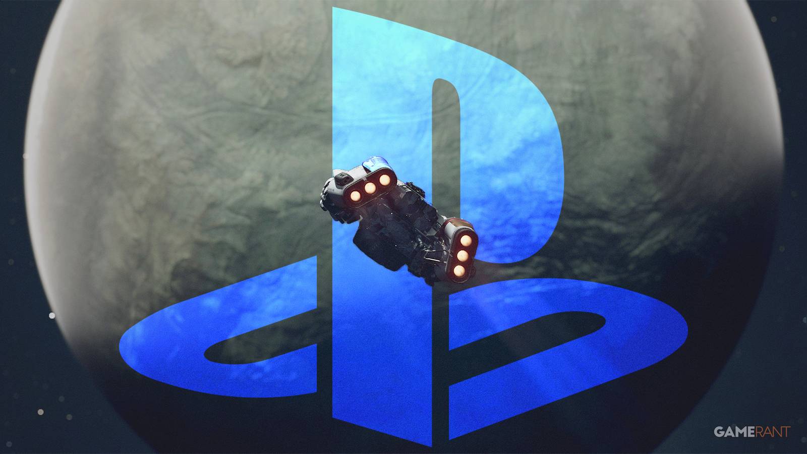 Starfield Frontier spaceship flying toward planet with blue translucent PlayStation logo submark
