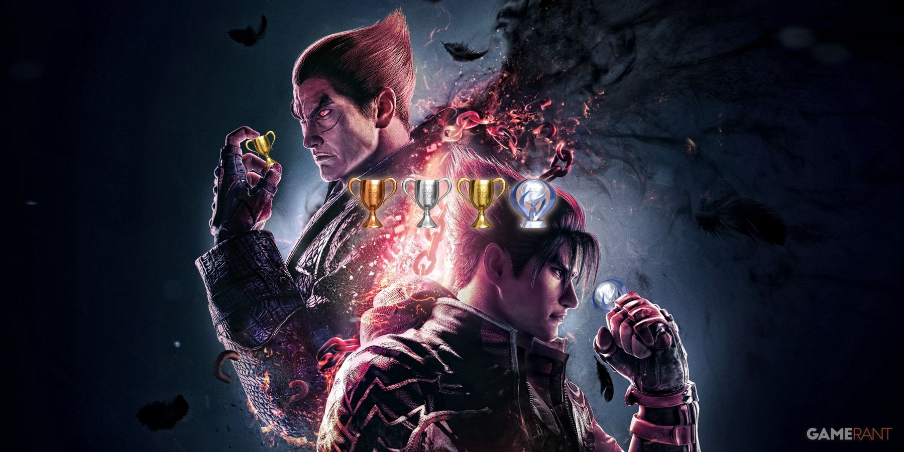 Tekken 8 key art with Kazuya and Jin holding Trophies