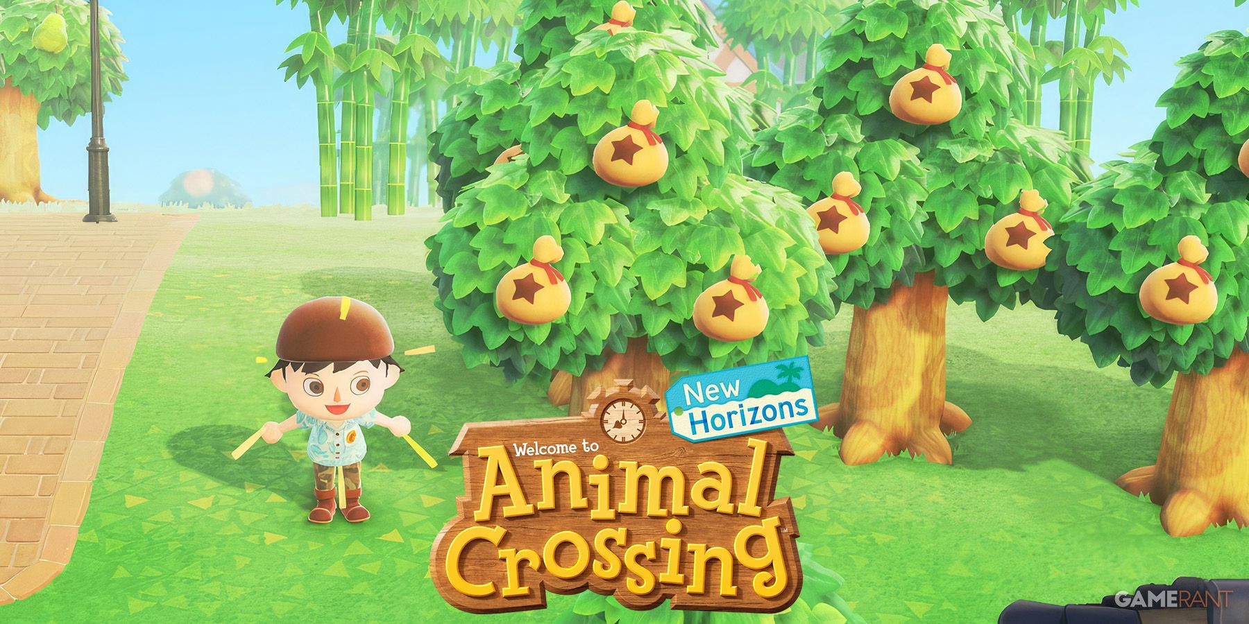 Animal Crossing New Horizons money trees with game logo