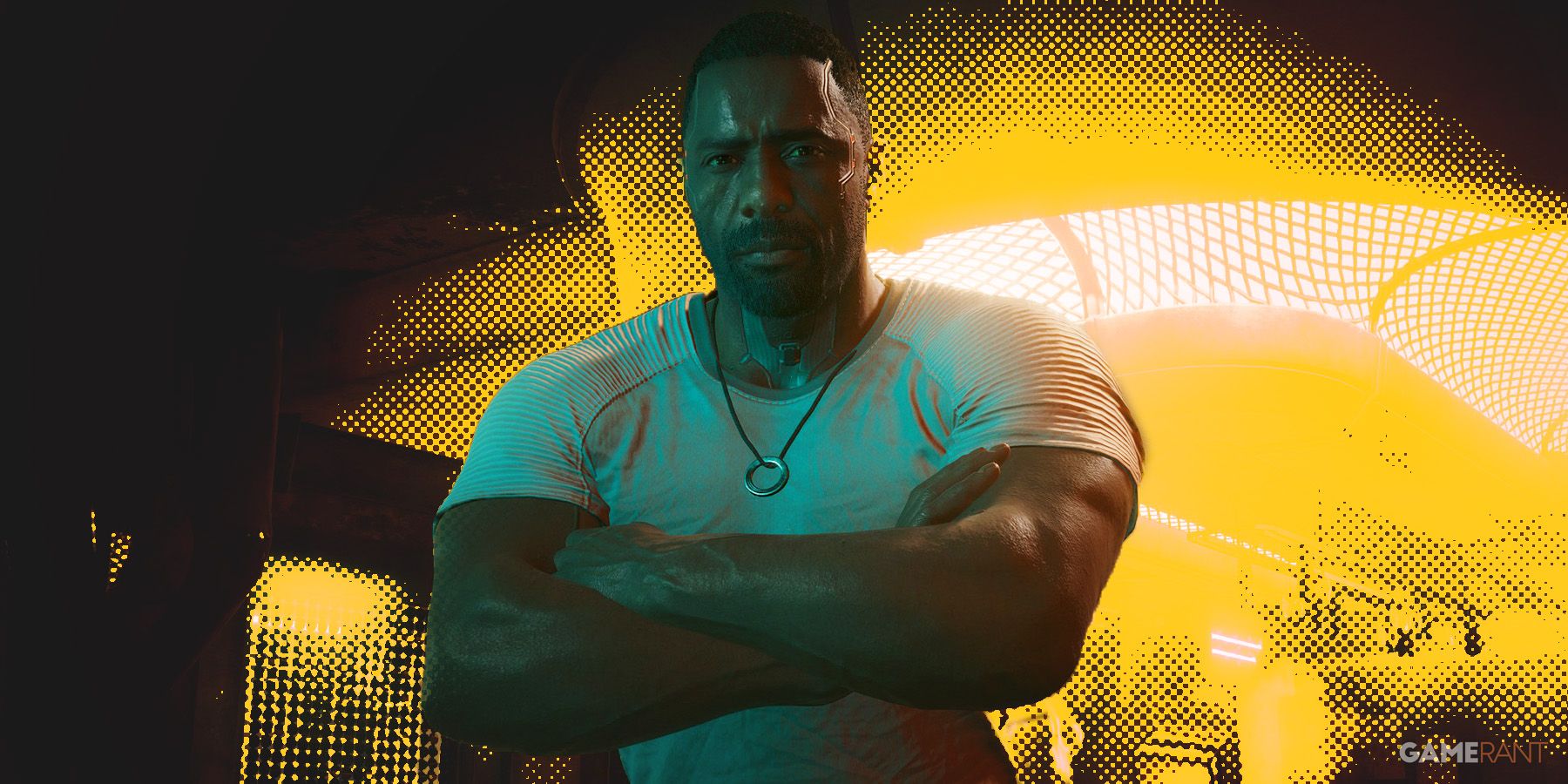 Cyberpunk 2077 Phantom Liberty Idris Elba as Solomon Reed arms crossed standing in bar yellow dot halftone shading background swap