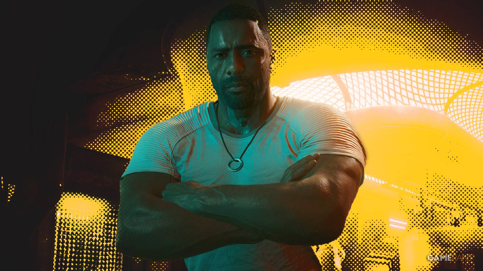 Cyberpunk 2077 Phantom Liberty Idris Elba as Solomon Reed arms crossed standing in bar yellow dot halftone shading background swap