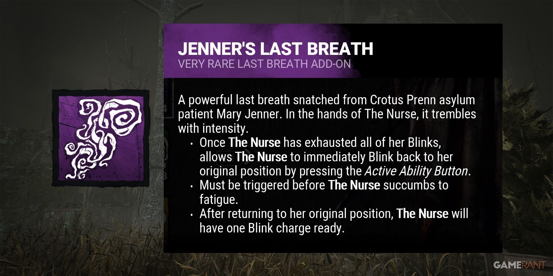 dead by daylight the nurse jenner's last breath addon
