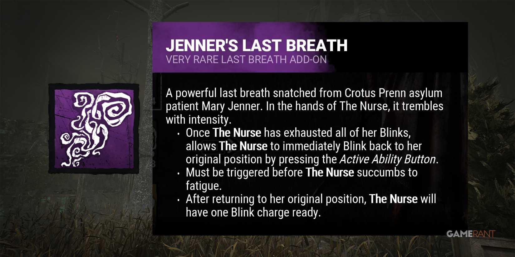dead by daylight the nurse jenner's last breath addon