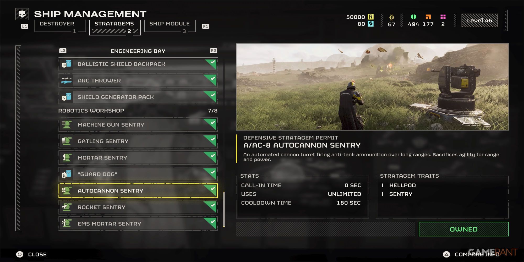 Menu Description for Autocannon Sentry