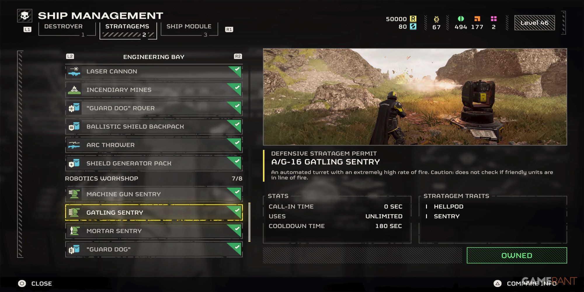 Menu Description For Gatling Sentry