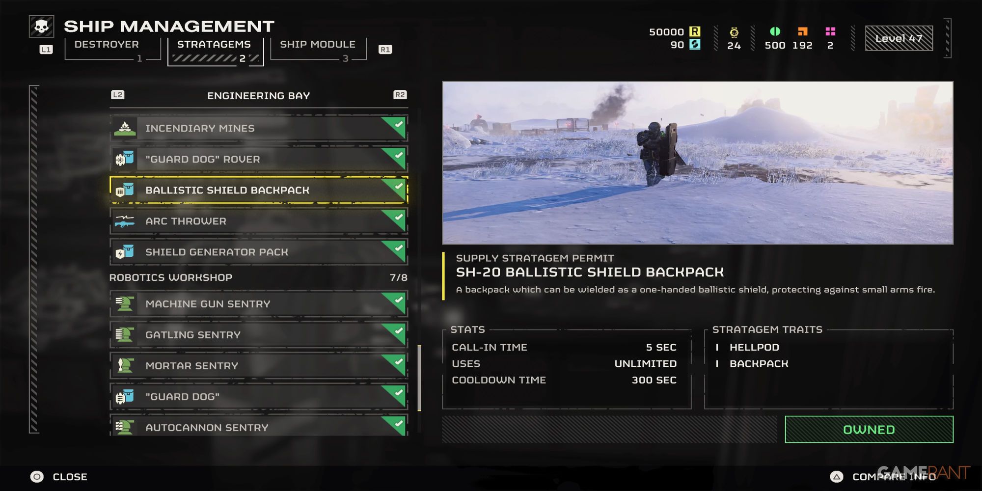 Menu description for Ballistic Shield