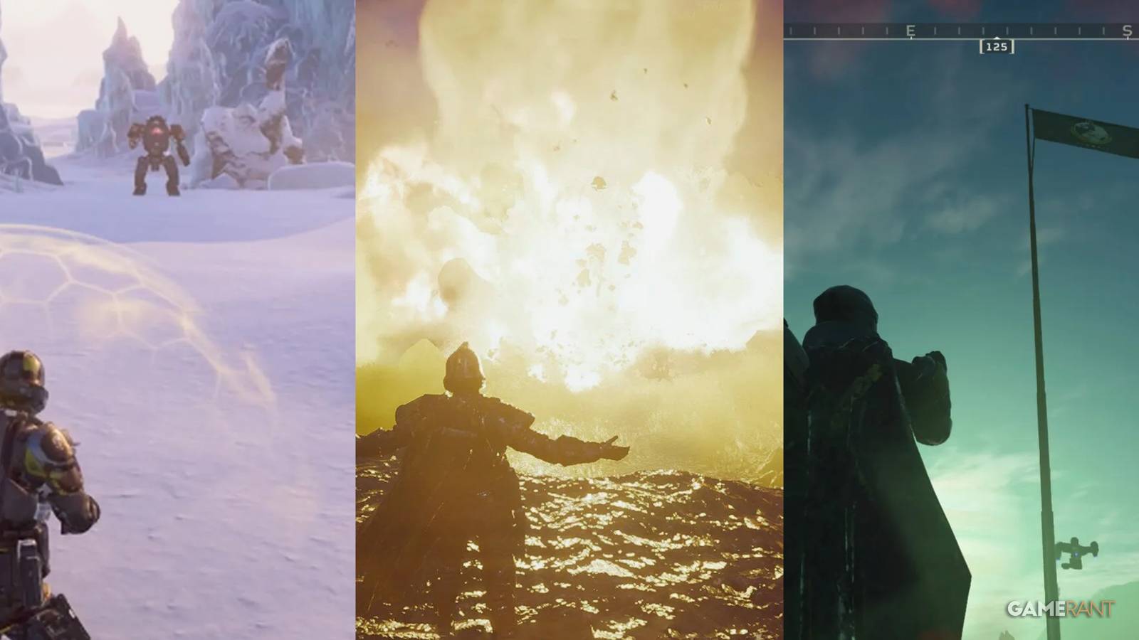 A Helldiver faces a devastator, looks at an explosion, and salutes the flag