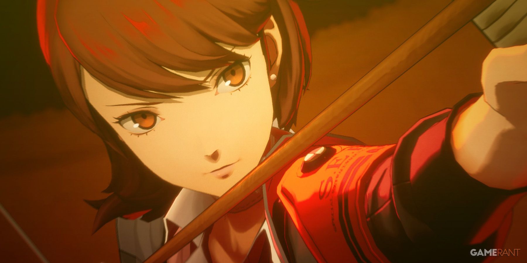Persona 3 Reload Yukari Takeba bow draw close-up reddish lighting