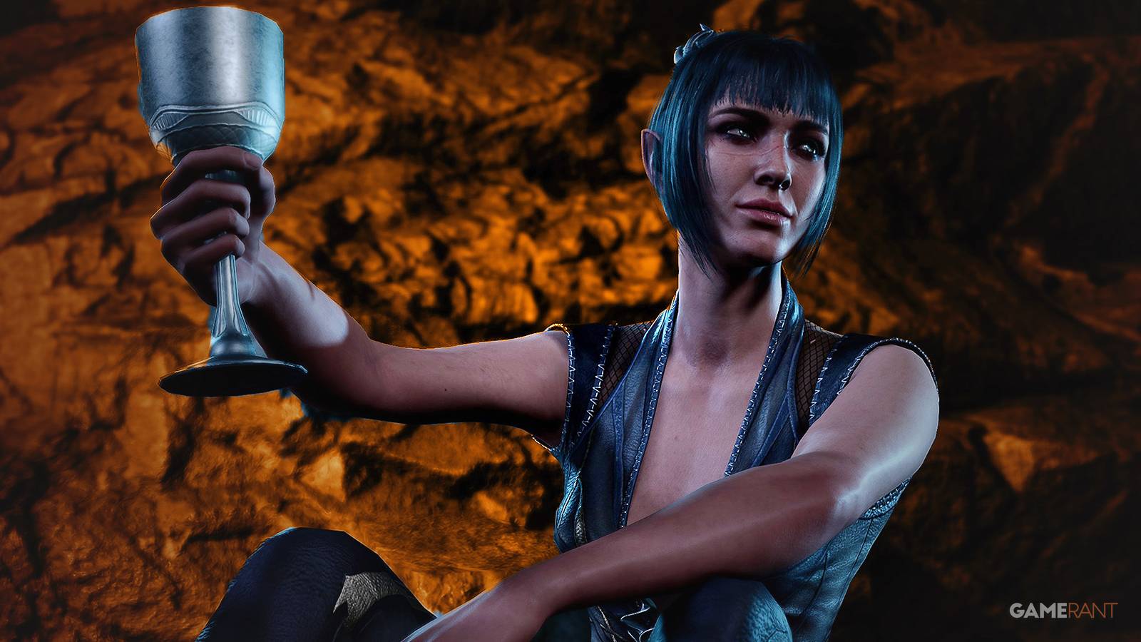 Baldur's Gate 3 Shadowheart raising a silver wine cup toasting at camp nighttime orange background swap