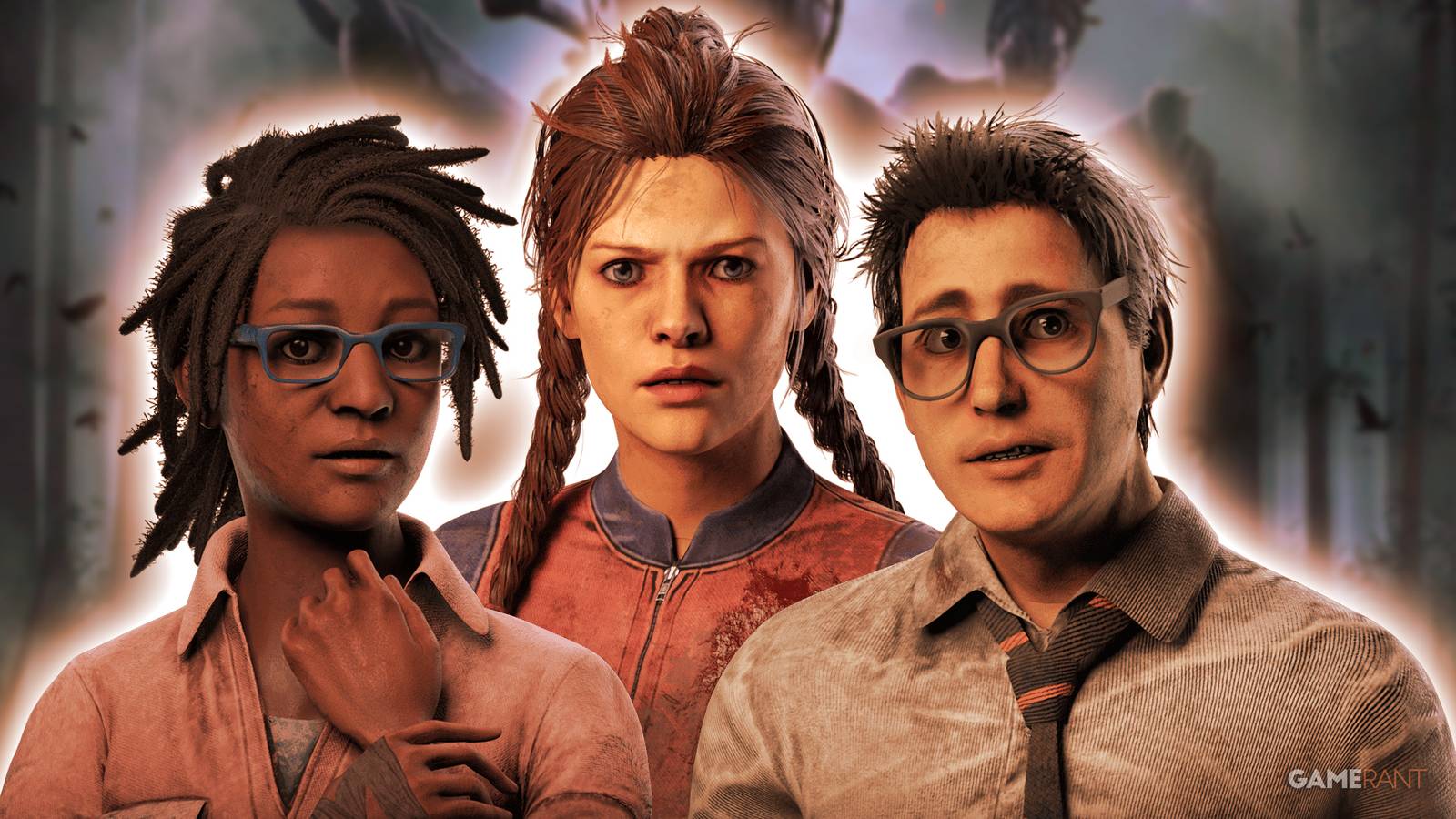 Dead By Daylight survivors Claudette Morel, Meg Thomas, Dwight Fairfield