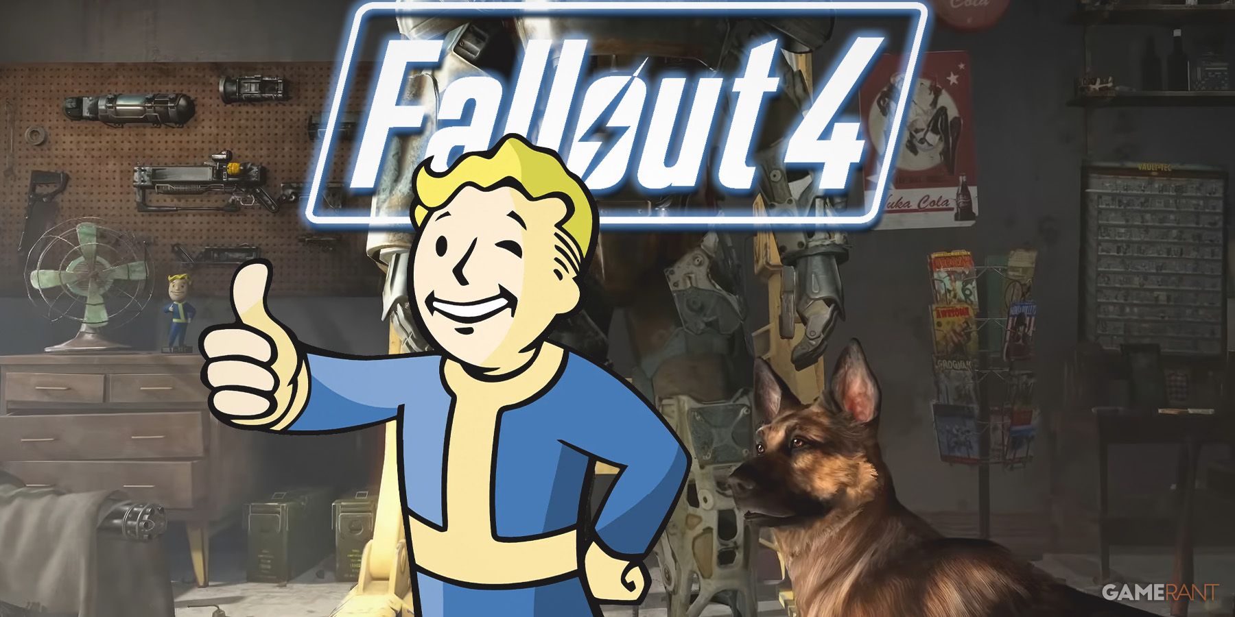 Fallout 4 Dogmeat looking at Vault Boy giving thumbs up in front of game logo and power armor garage composite