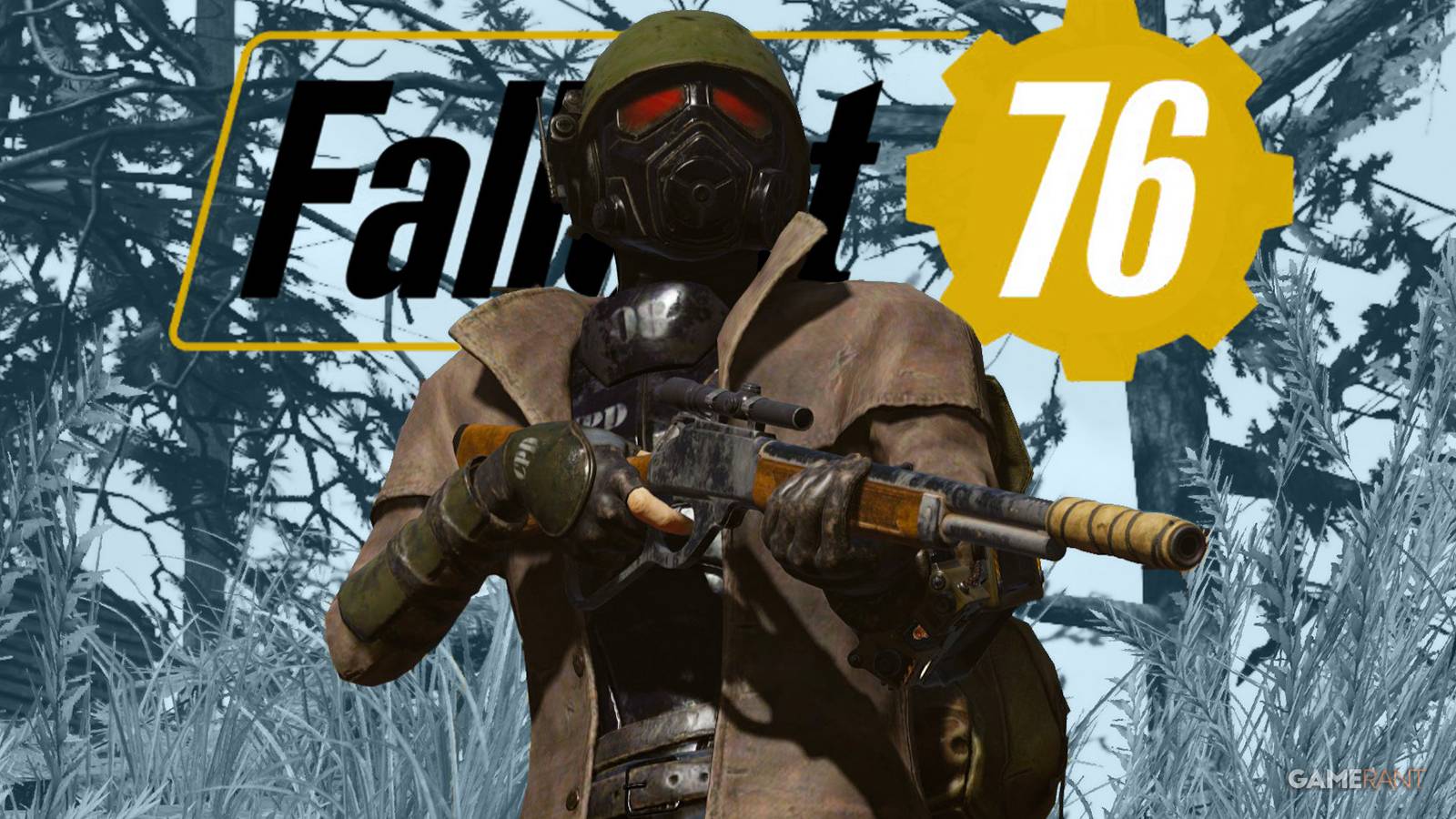 Fallout 76 Fallout 1st New Vegas Ranger armor outfit in front of game logo grayish blue background swap