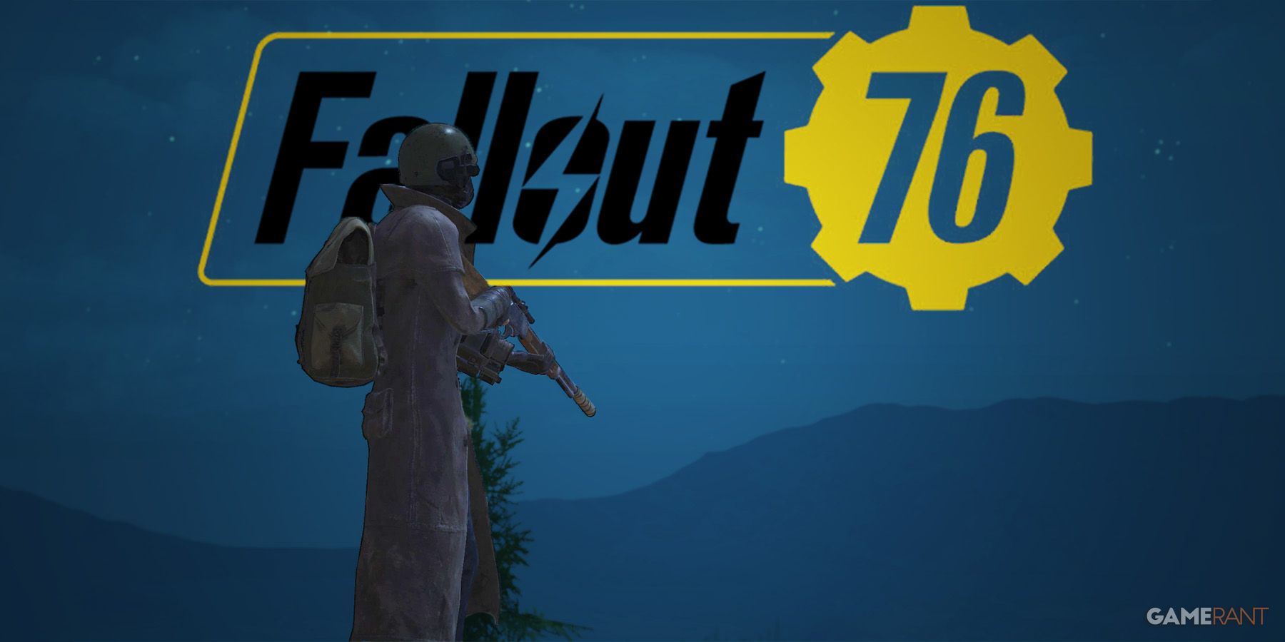 Fallout 76 First Ranger armor with lever action rifle looking at game logo in distance night sky