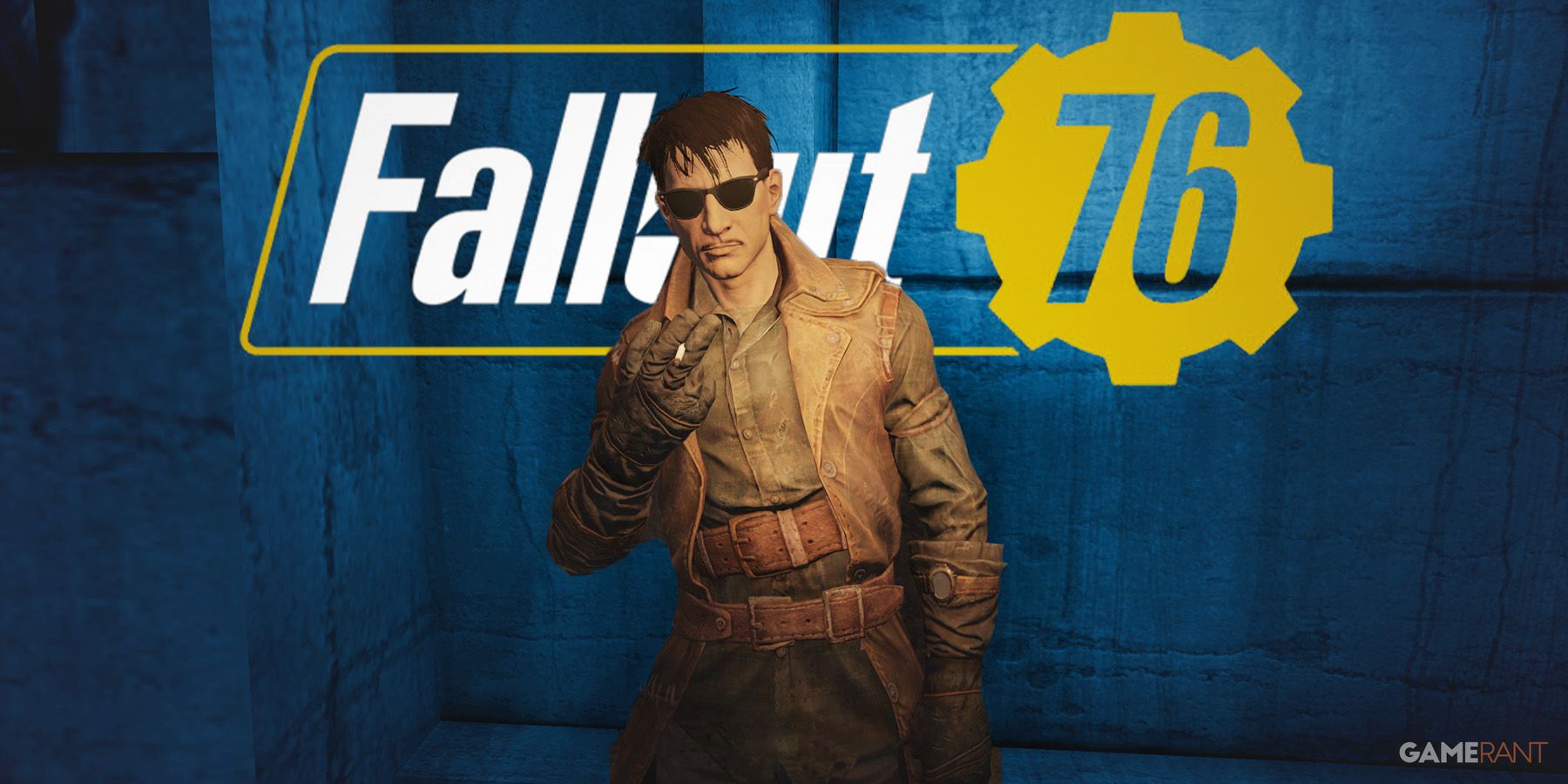 Fallout 76 Union Saboteur The Pitt smoking in front of F76 white and yellow logo blue background swap