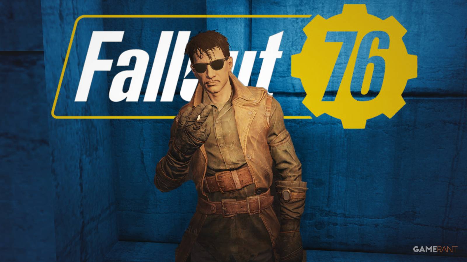 Fallout 76 Union Saboteur The Pitt smoking in front of F76 white and yellow logo blue background swap