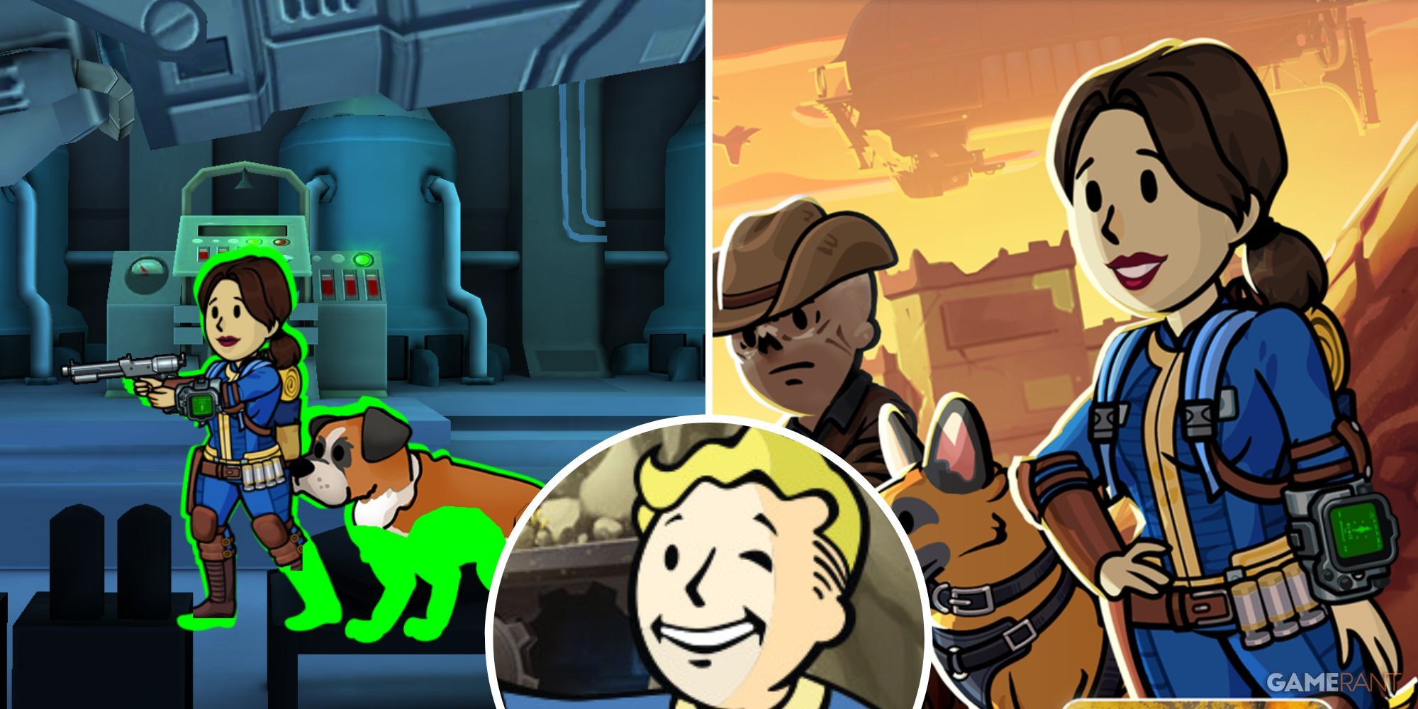 Fallout Shelter - Lucy with a dog, Vault Boy, and Lucy with Ghoul 