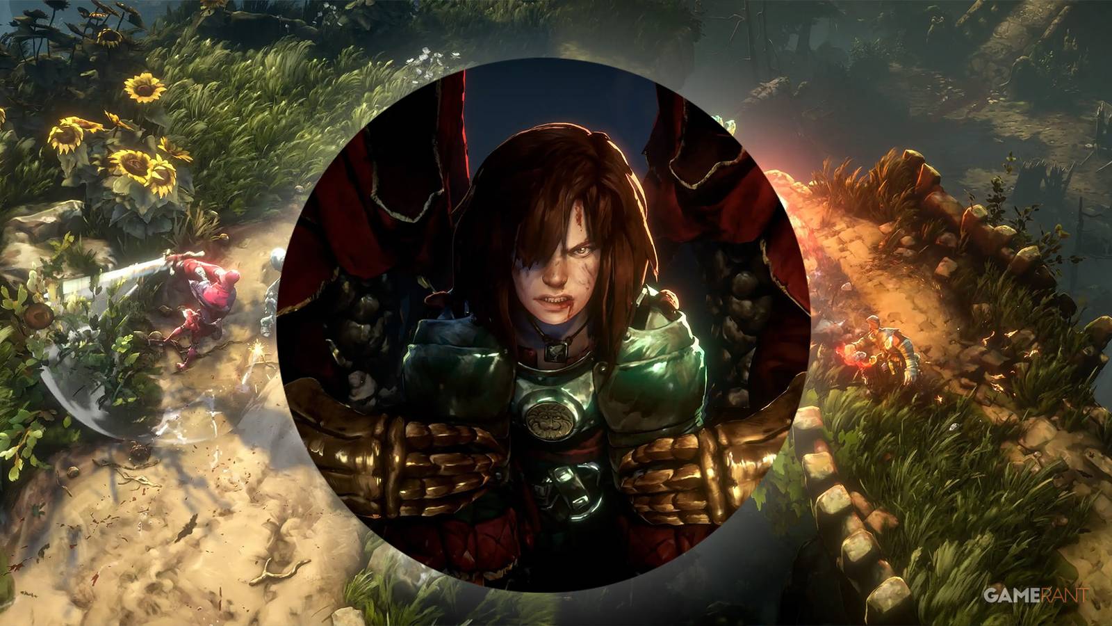 Collage of three images from no rest for the wicked, the cerim fighting in two and a girl in chains in the third