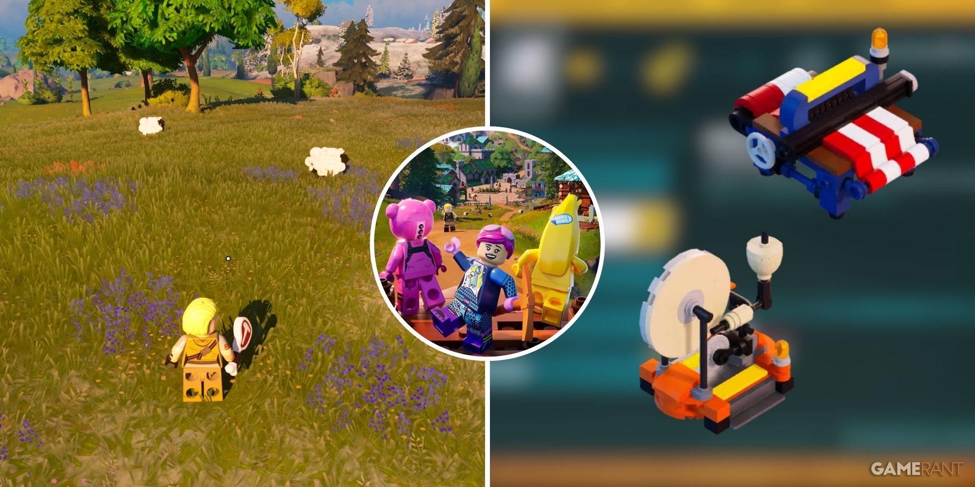 Feature image for LEGO Fortnite How To Get & Use Wool featuring the player character with some meat, some sheep, the spinning wheel and a loom