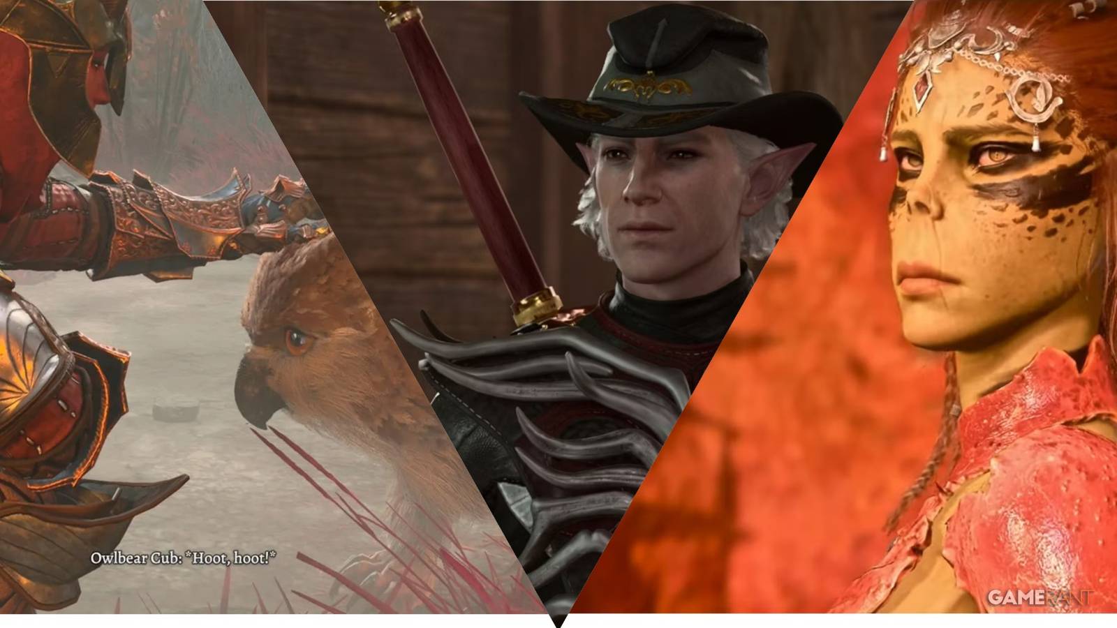 Karlach pets the owl bear cub, Astarion with the Graceful Cloth, and Lae'zel in Orin's outfit