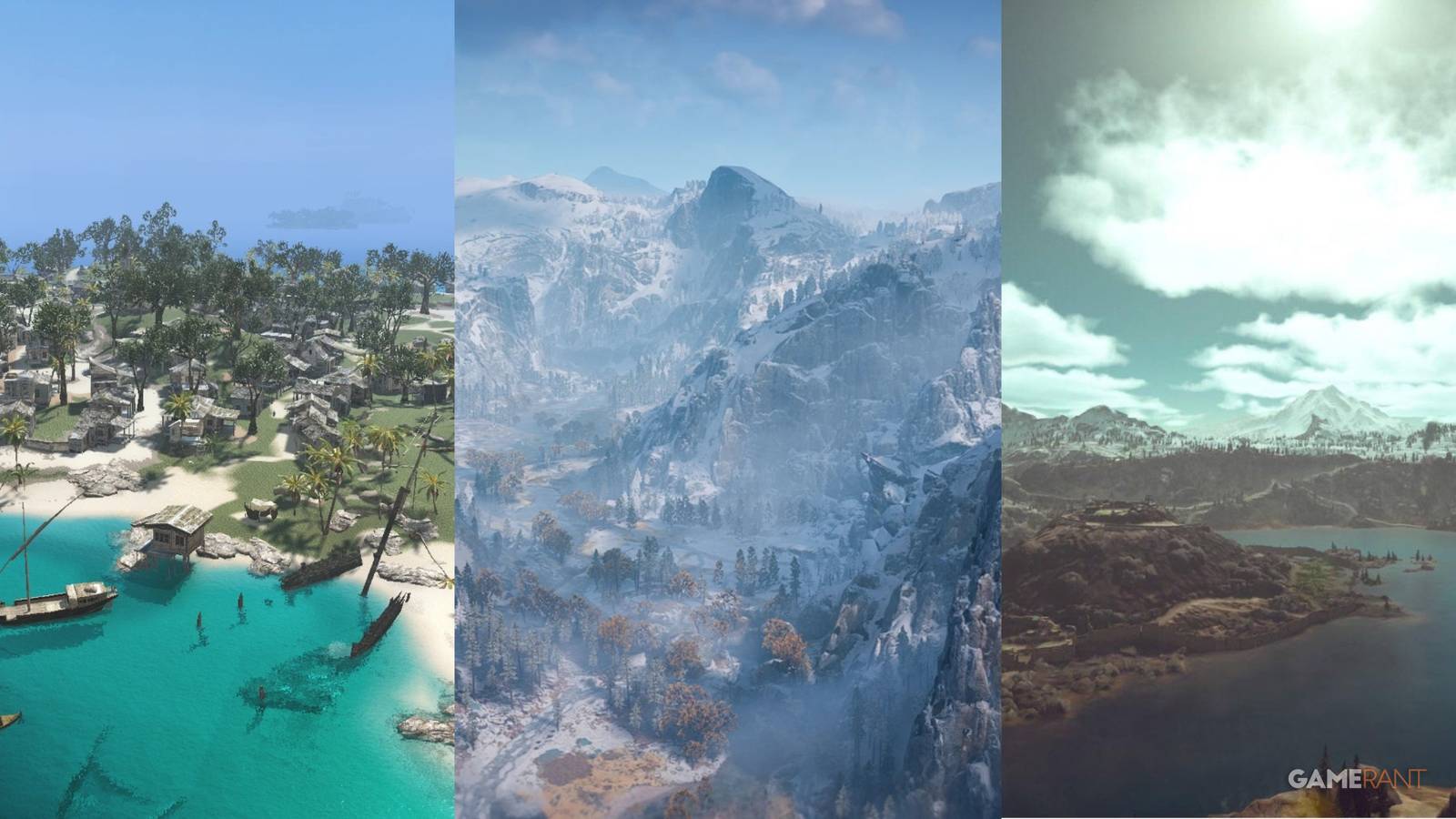 Nassau in AC: Black Flag, Yosemite in Horizon: Forbidden West, Crater Lake from Days Gone