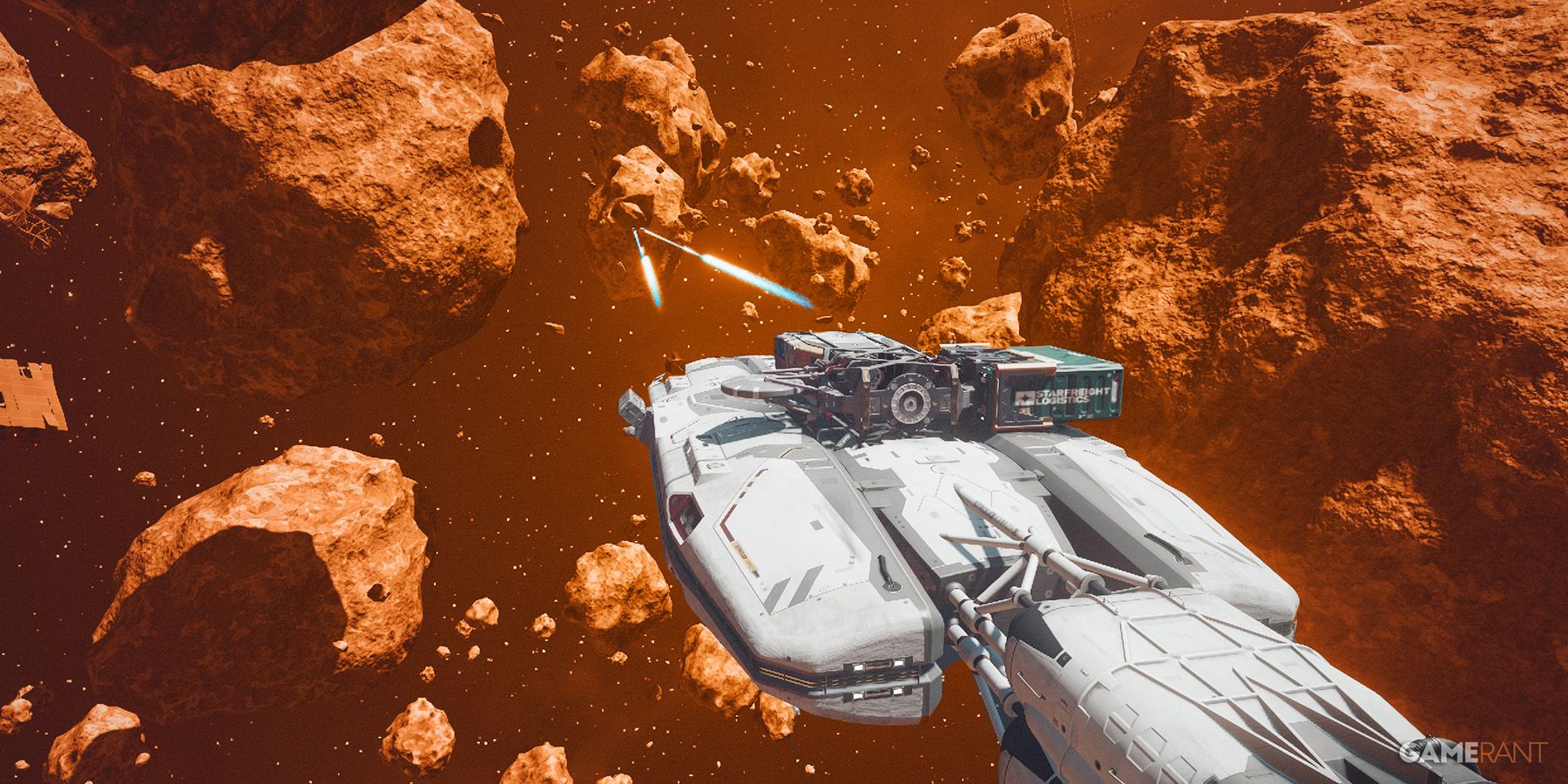 Starfield giant ship shooting at asteroids with orange background color swap edit