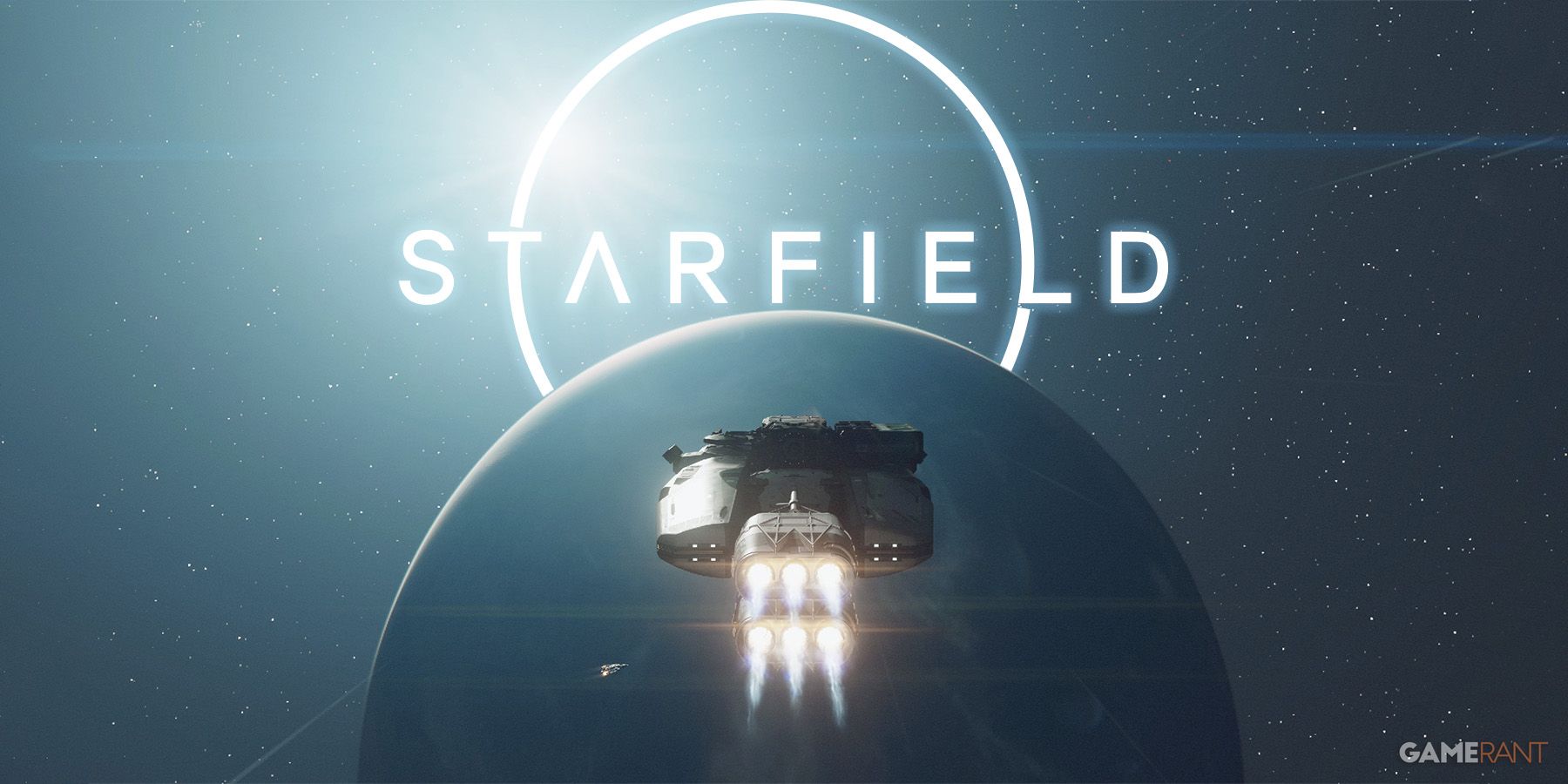Starfield large ship approaching planet with game logo composite