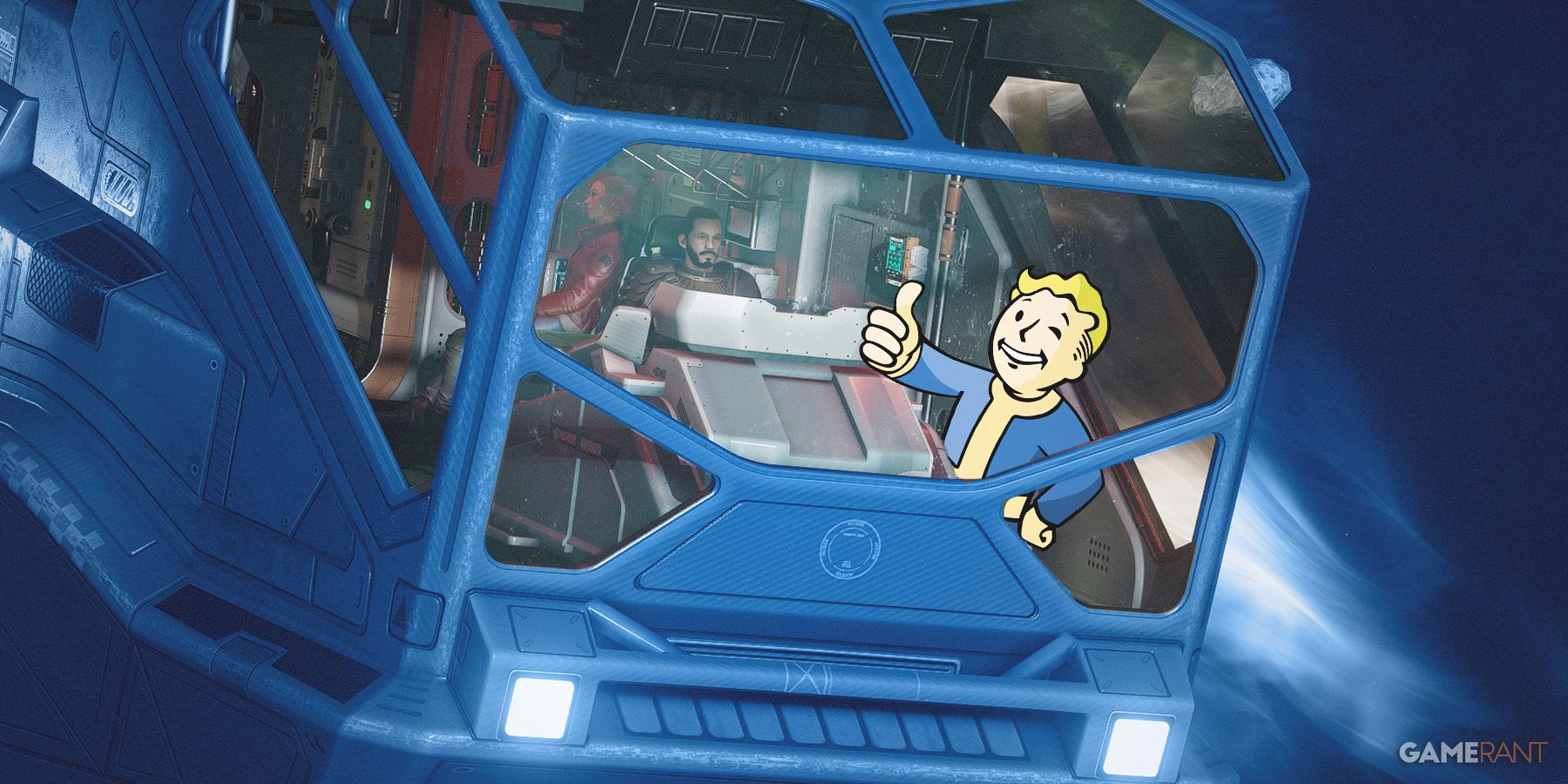Starfield ship Vault Boy thumbs up selective blue color filter edit