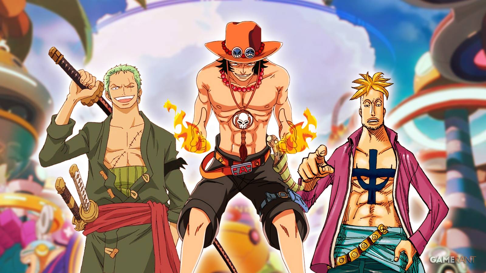One Piece crewmates Zoro, Ace, Marco