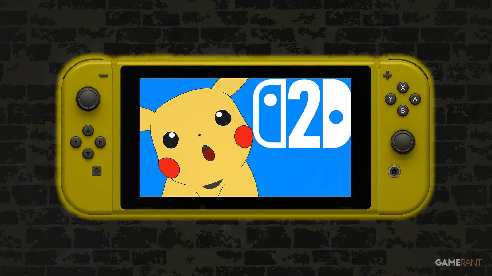 Amazed-looking pikachu doodle on yellow Nintendo Switch 2 mockup dark wall neon sign-style composite