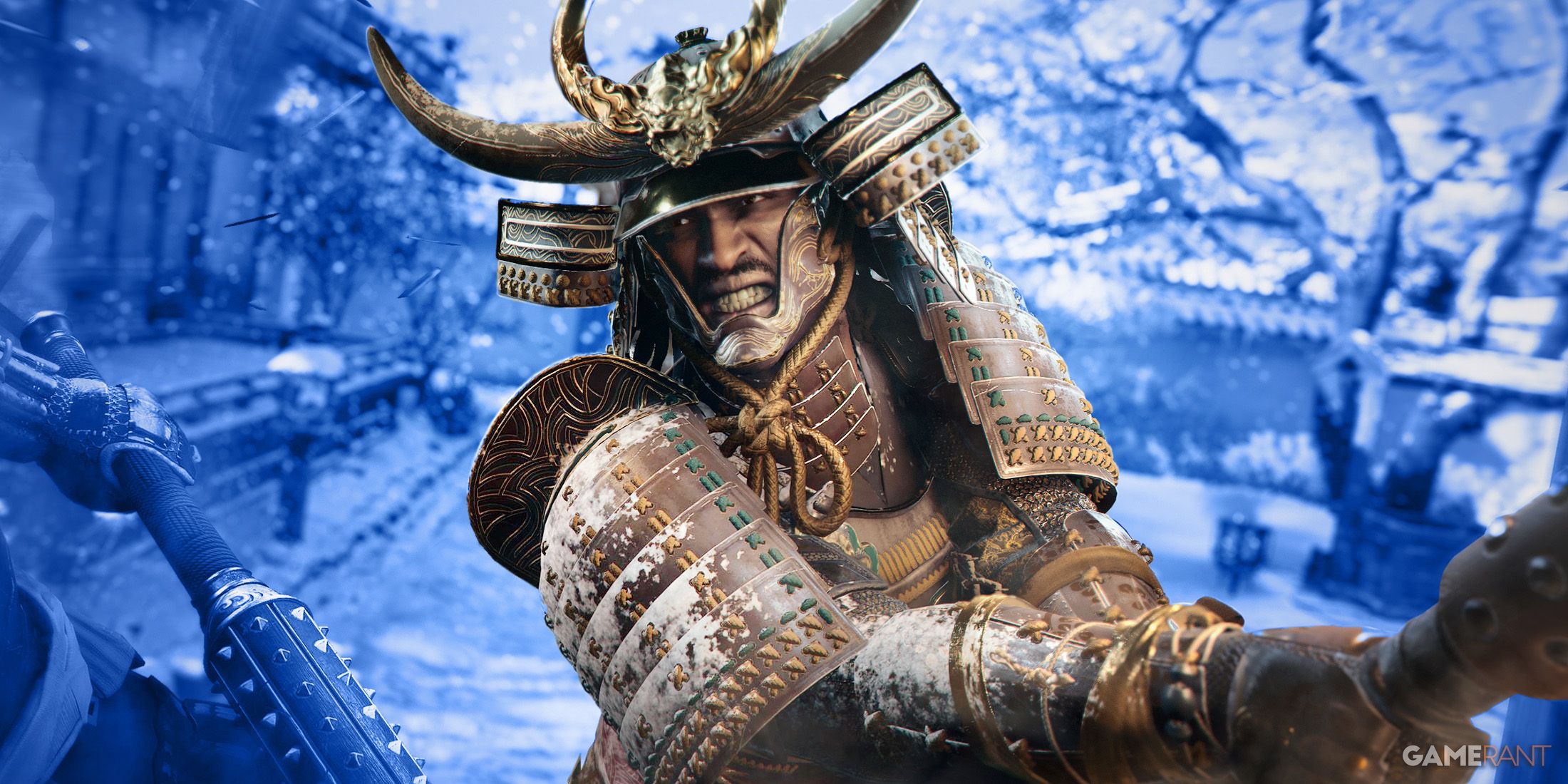 Assassin's Creed Shadows angry Yasuke in samurai armor hitting an enemy with a mace club blue background swap