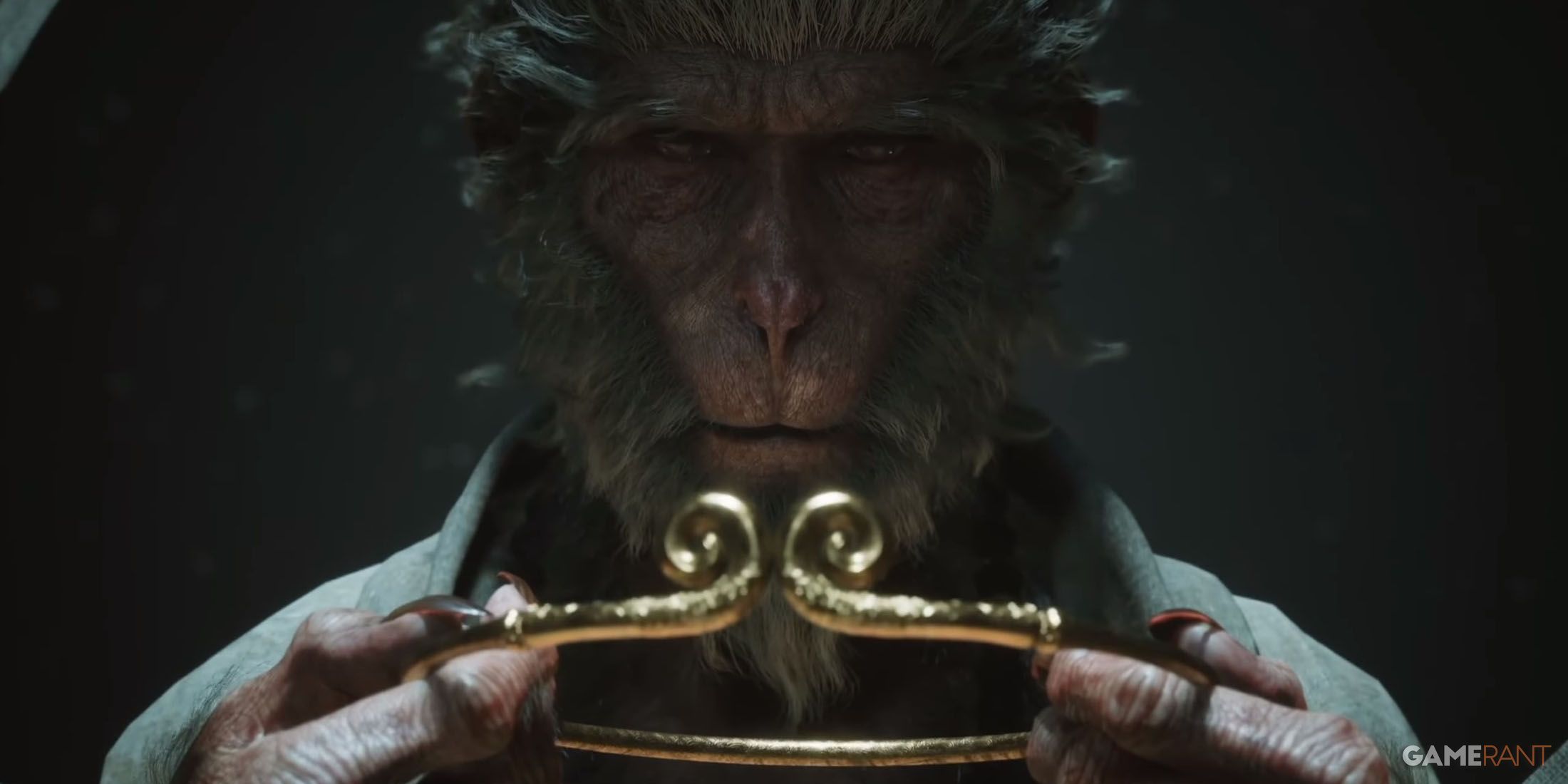 A screenshot of the monkey warrior holding a golden crown in Black Myth: Wukong.