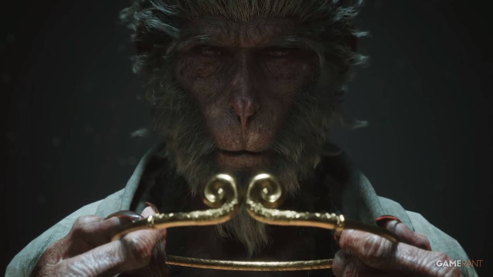 A screenshot of the monkey warrior holding a golden crown in Black Myth: Wukong.