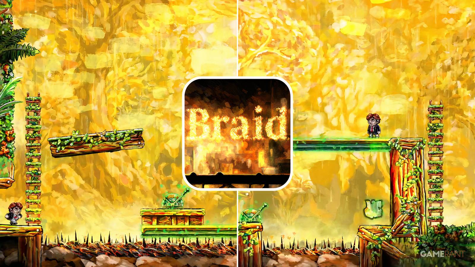 A split image of The Ground Beneath Her Feet section in Braid with the game logo in the center