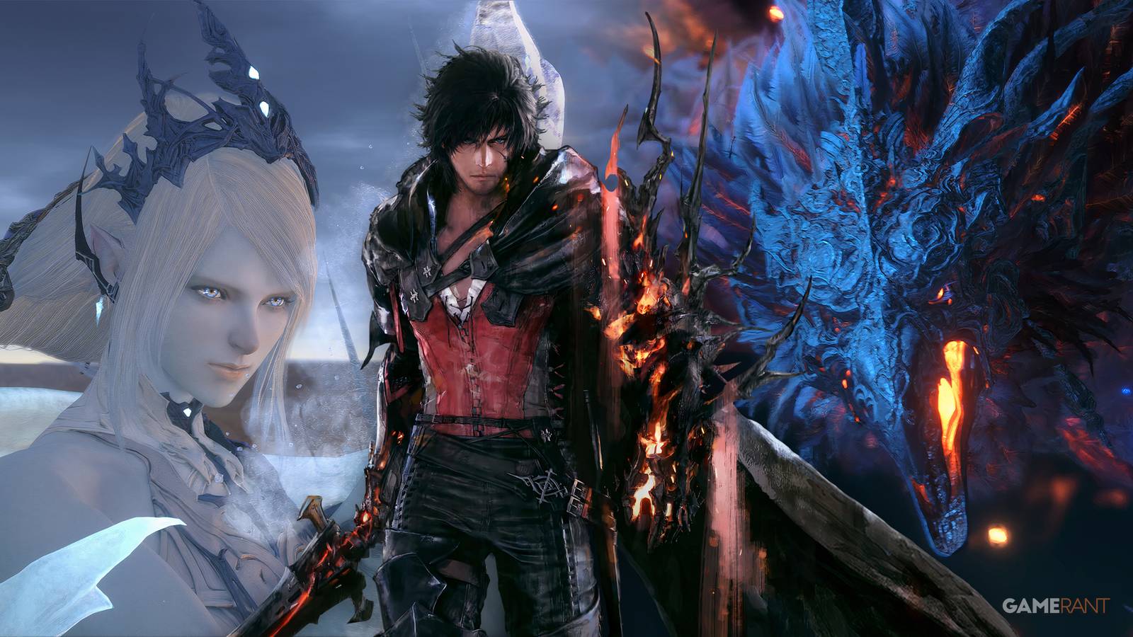 Clive Rosfield from Final Fantasy 16 with Shiva and Phoenix in the background