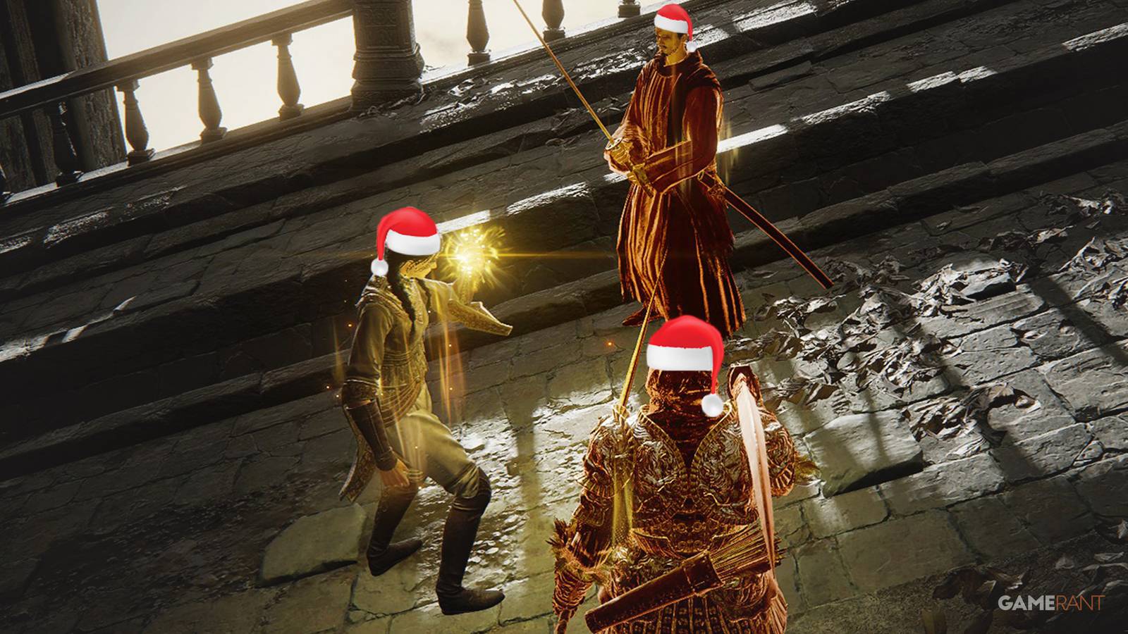 Elden Ring three multiplayer co-op players with Santa Clause hats on bridge leading to Maliketh the Black Blade in Crumbling Farum Azula