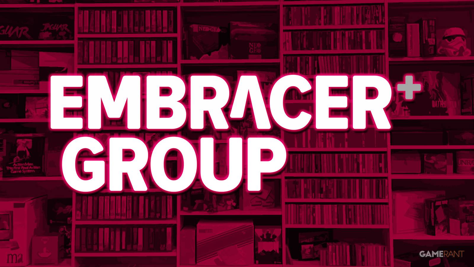Embracer Group logo on posterized stylized Embracer Games Archive shelf photo