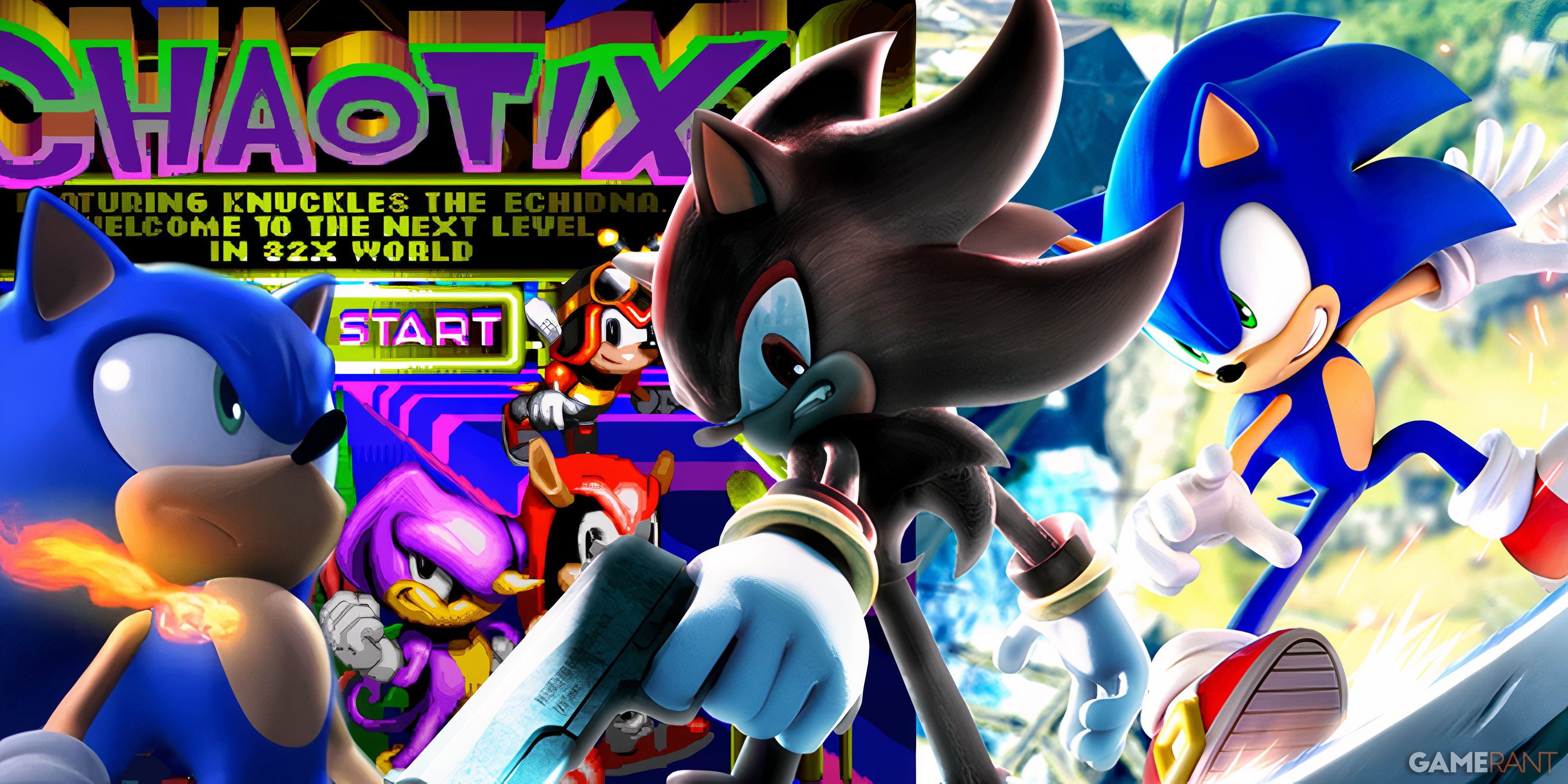 Knuckles Chaotix splash screen, Sonic Frontiers cover, Sonic and Shadow stills 