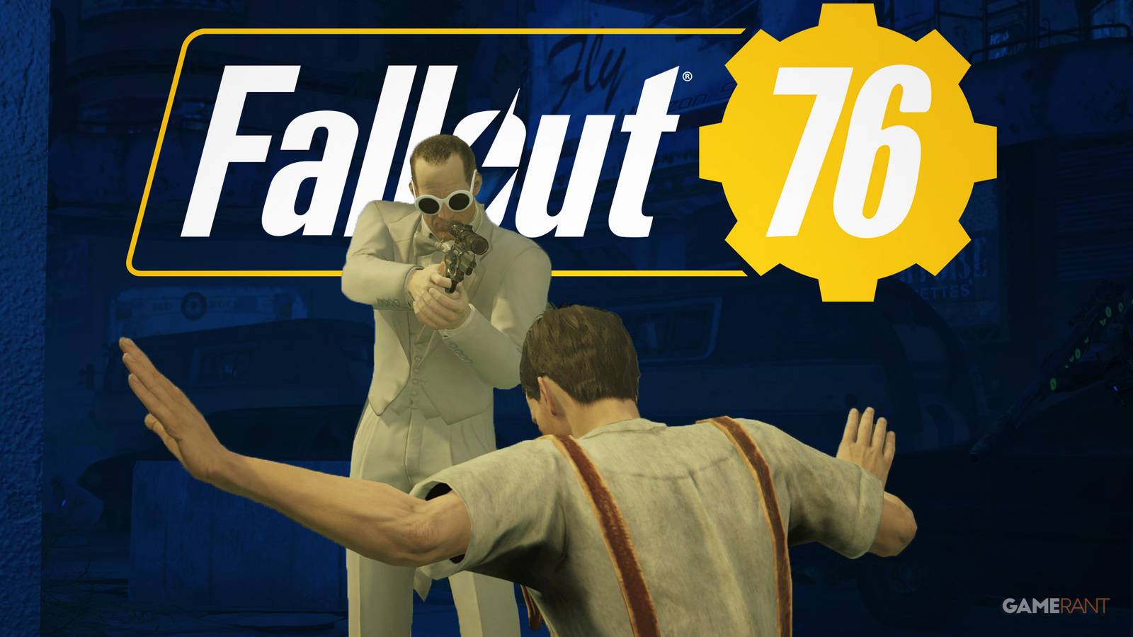 Fallout 76 Atlantic City Tax Evasion Expedition Showman holding Billy at gunpoint blue background game logo edit