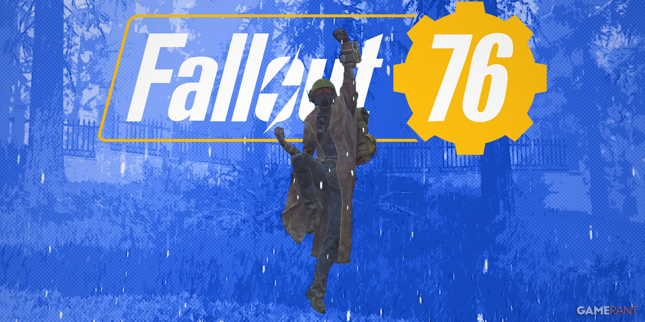 Fallout 76 character in Fallout 1st New Vegas Ranger uniform jumping from joy in front of game logo blue background Whitespring rain edit