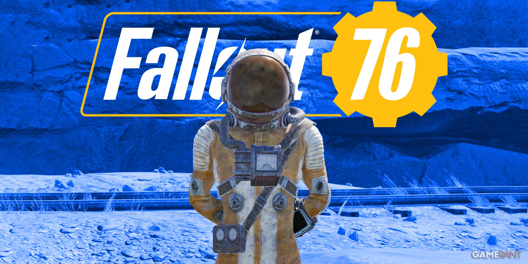 Fallout 76 character in Hazmat Suit standing in front of game logo blue background swap