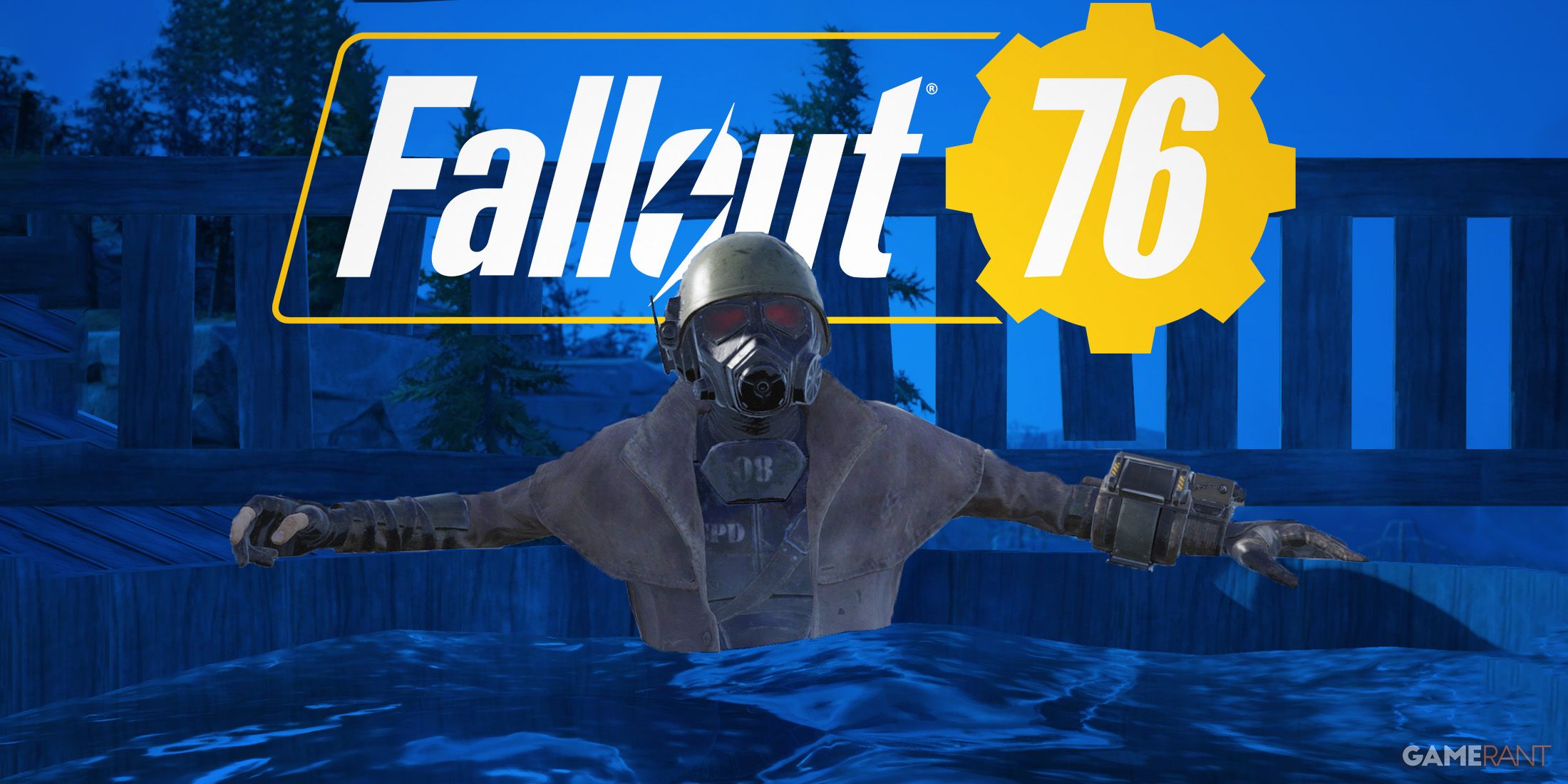 Fallout 76 character wearing Fallout First New Vegas Ranger armor in hot tub below game logo blue background swap