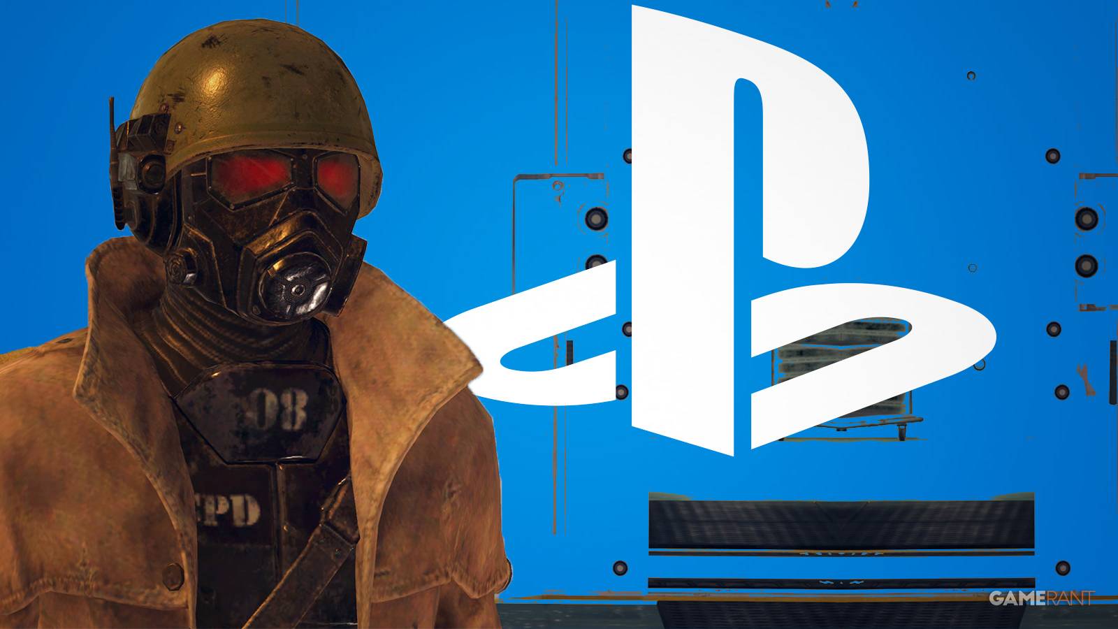 Fallout 76 First Ranger Armor interior blue background color swap with white PlayStation logo emblem submark